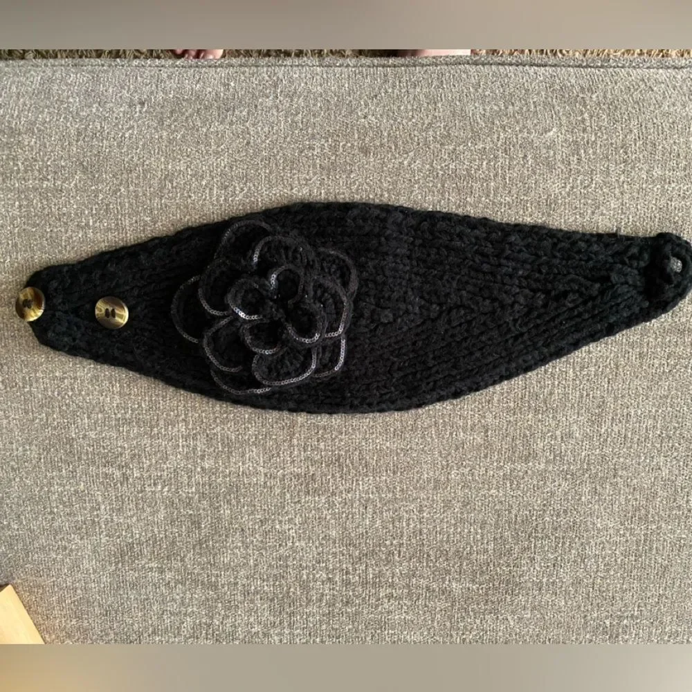 C. C. Exclusives Black Knitted Headband with Button Closure and Flower Accent